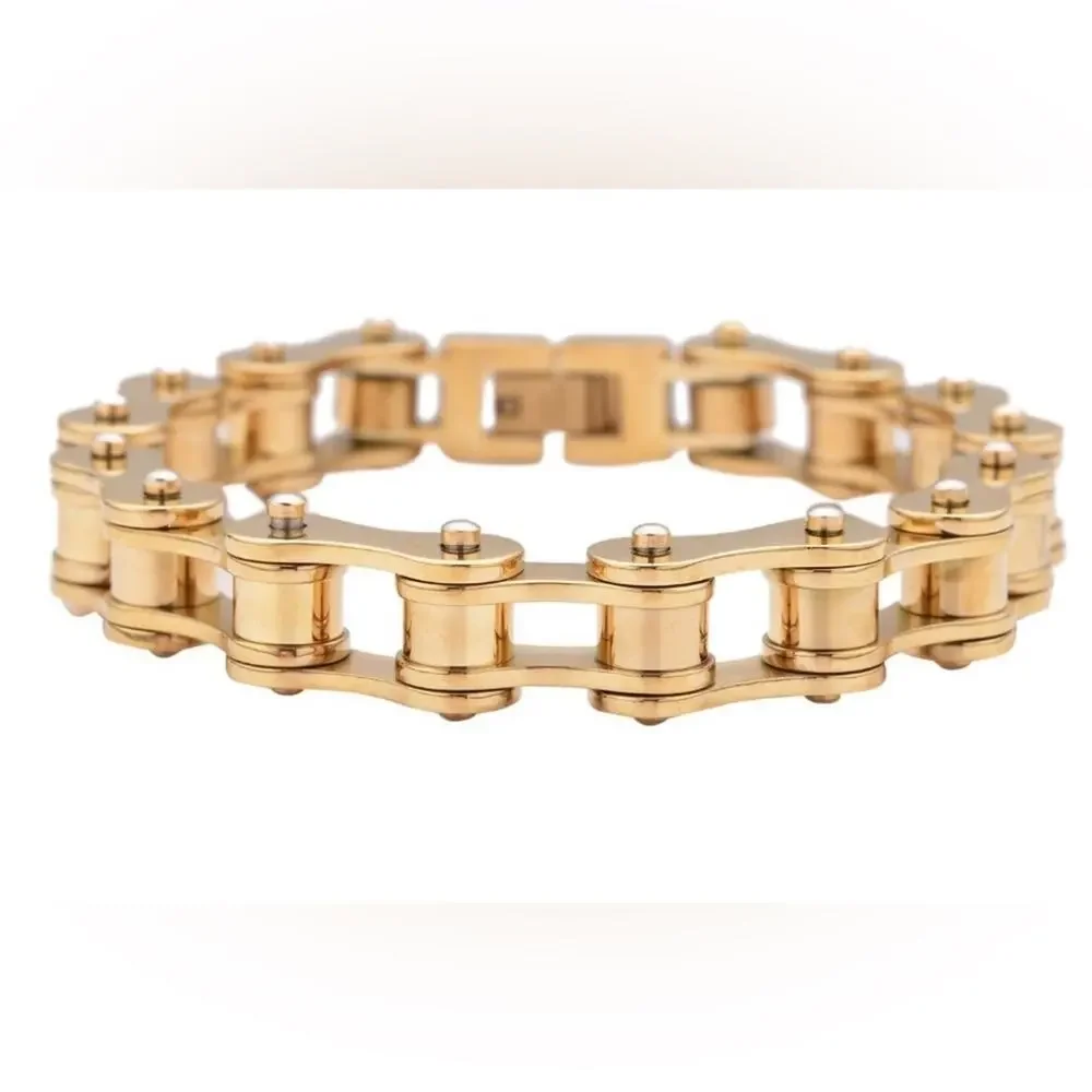 Bicycle Chain Style 10mm Men’s Bracelet in Plated Yellow Gold o/Stainless Steel